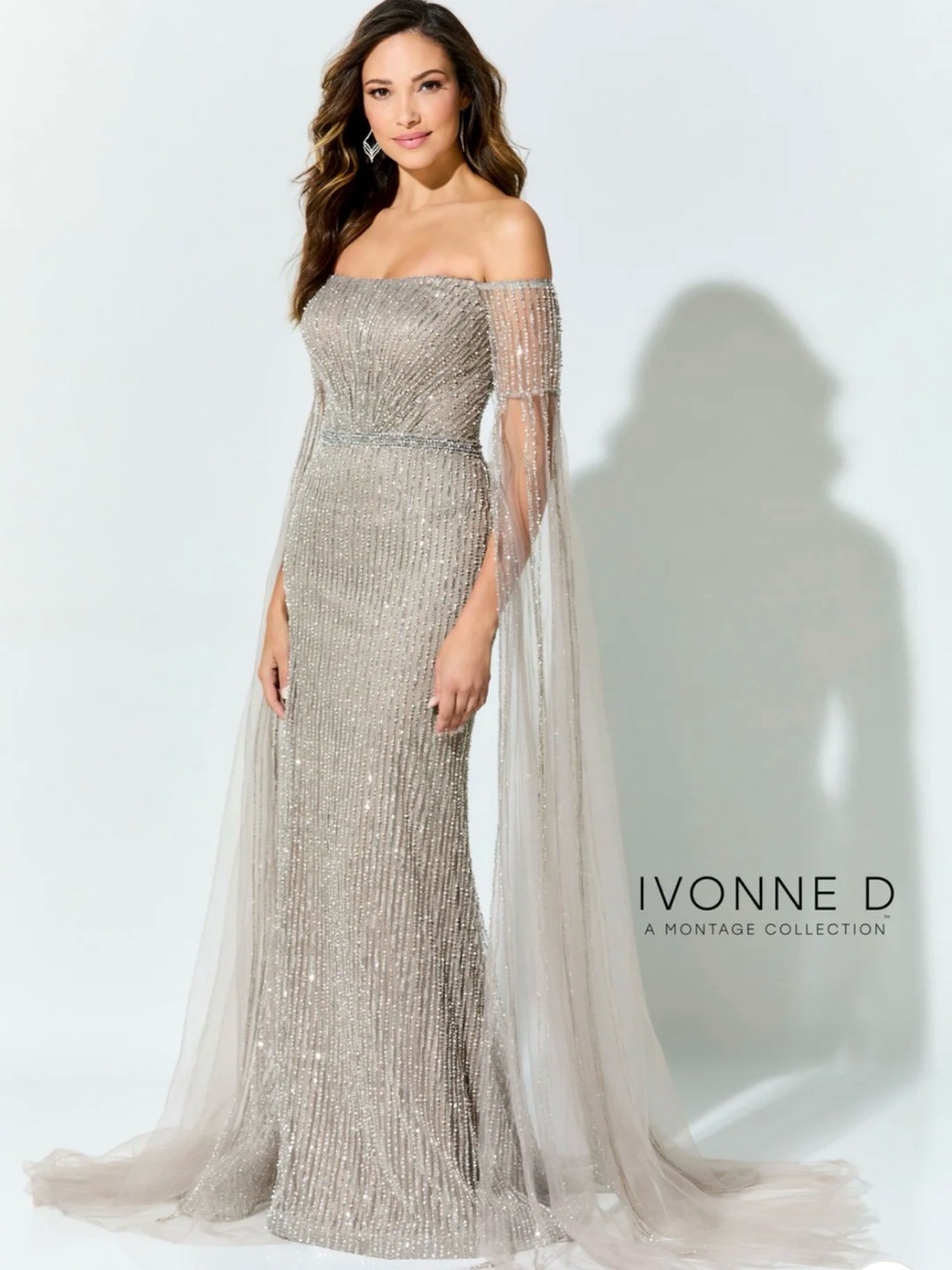Ivonne D Champagne-Silver Off-Shoulder Sequined Maxi Dress